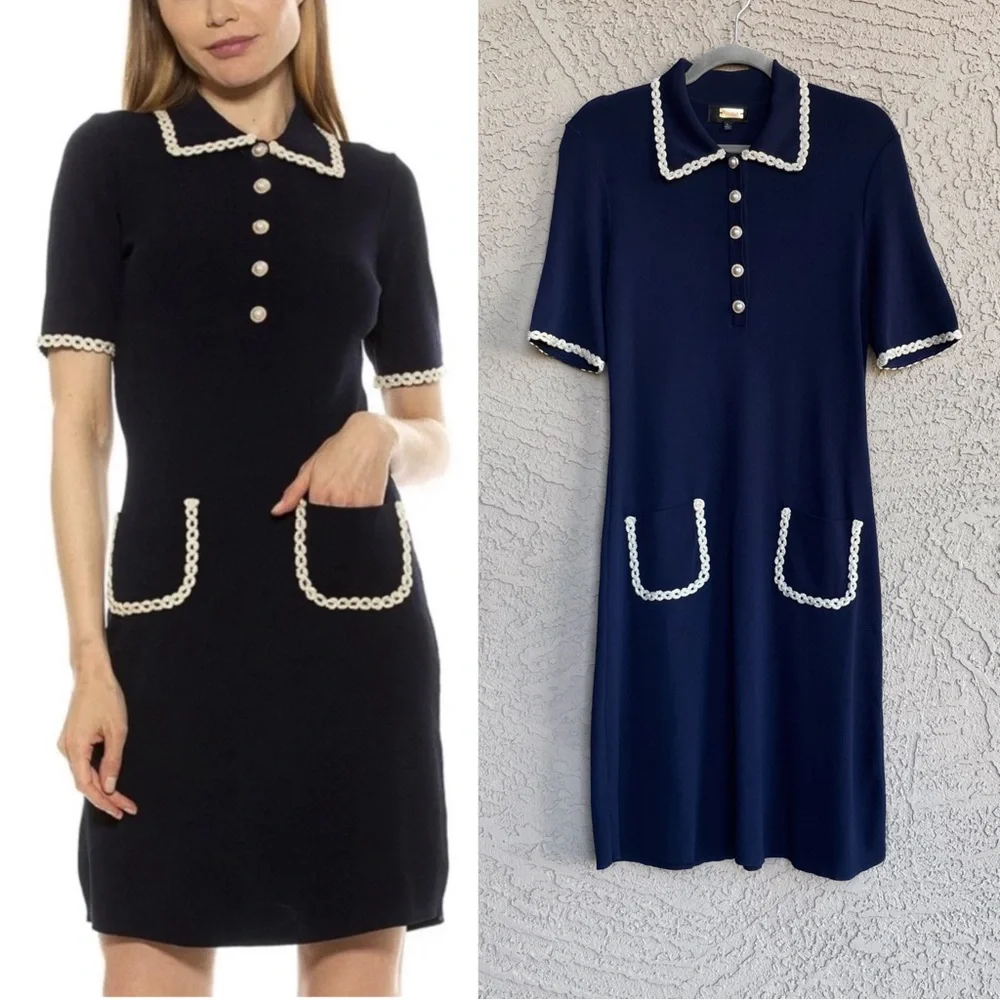 ALEXIA ADMOR Navy Knit Piper Dress w/ Pearl Buttons Embroidered Collar & Pockets - Picture 9 of 13